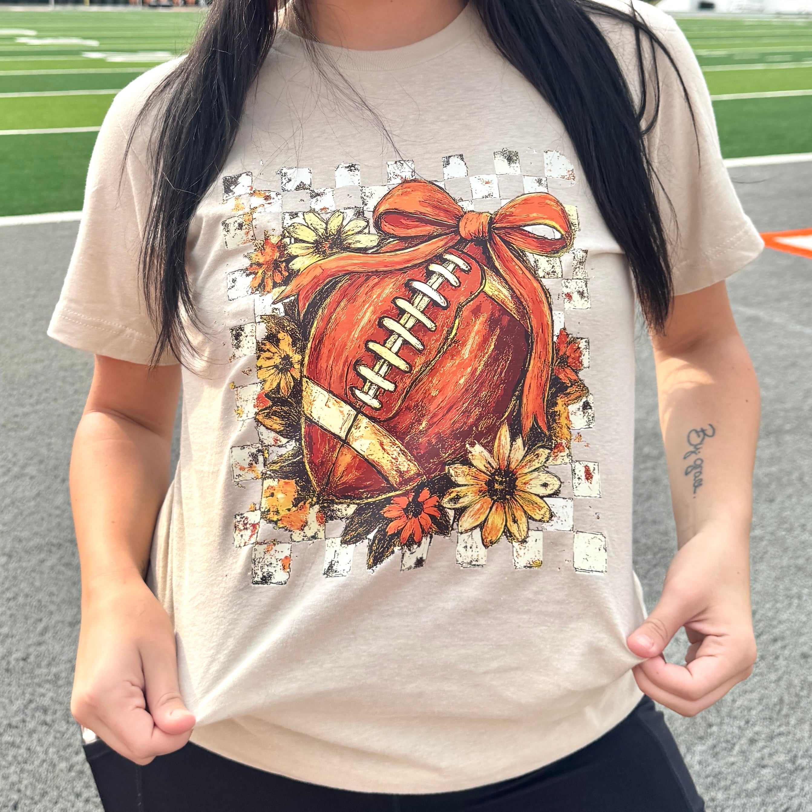 Checkered Floral Football with Bow Graphic Tee